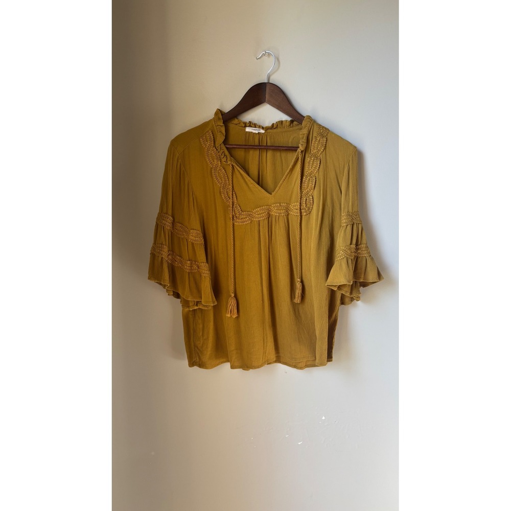 Maurices Womens Medium Mustard Yellow Crochet Trim Boho Tassel Peasant Blouse